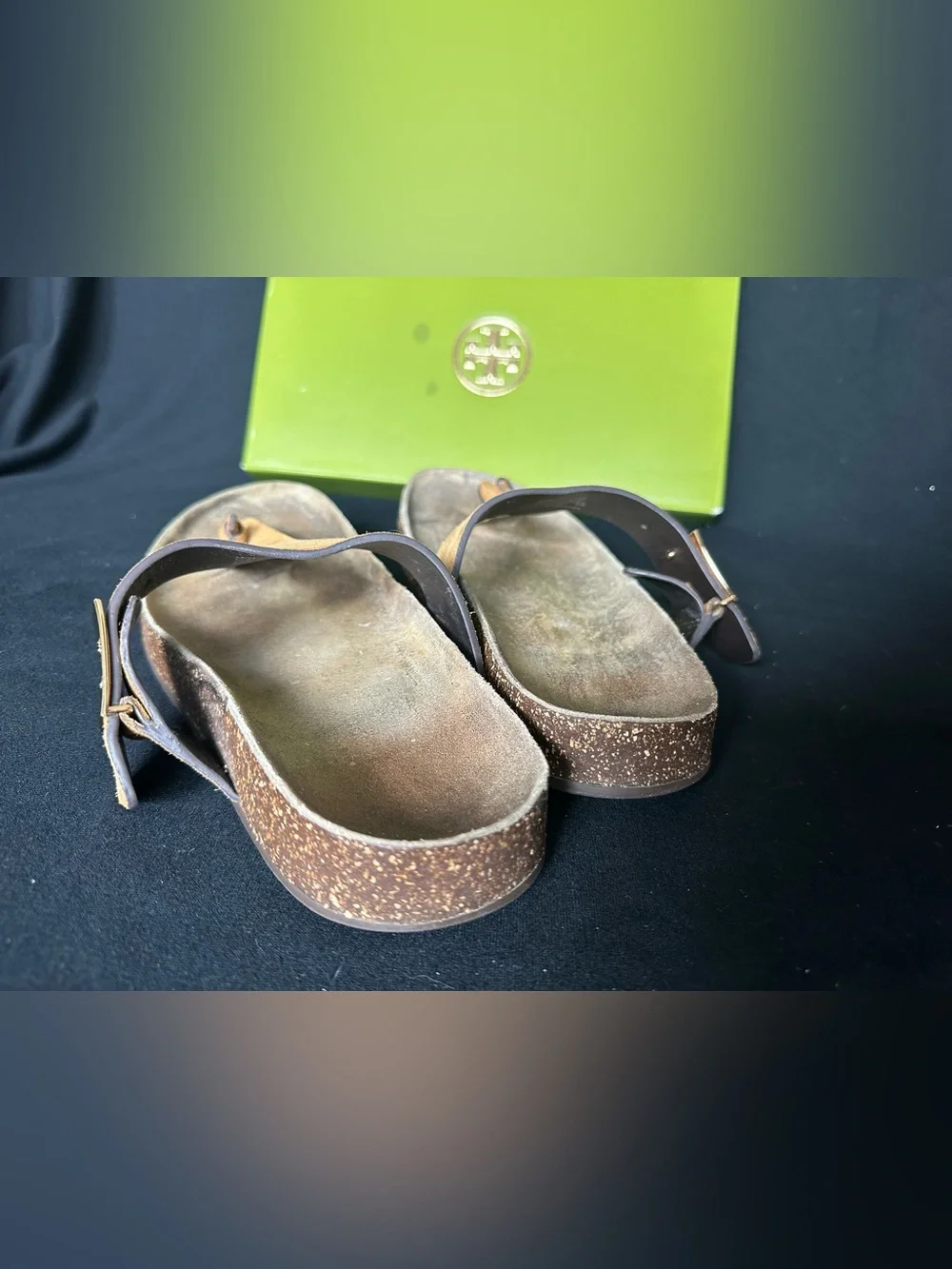 Tory Burch Mellow Thing Suede Cork Toe-Post Sandals Logo Plaque Cognac Tan 8.5
